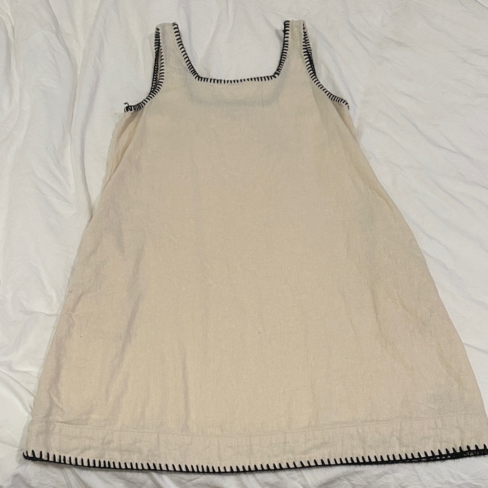 Cream Sleeveless Linen Dress with Black Trim